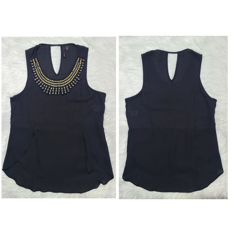Beaded Sleeveless Black Racerback Blouse, SMALL